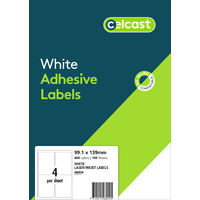 Celcast Laser/Inkjet/Copier Labels 4Up 99.1 x 139mm White Box 100 Sheets